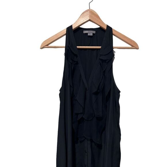 Vince Silk Blend Ruffle V-Neck Handkerchief Hem Button Down Blouse Black Medium - Picture 2 of 12